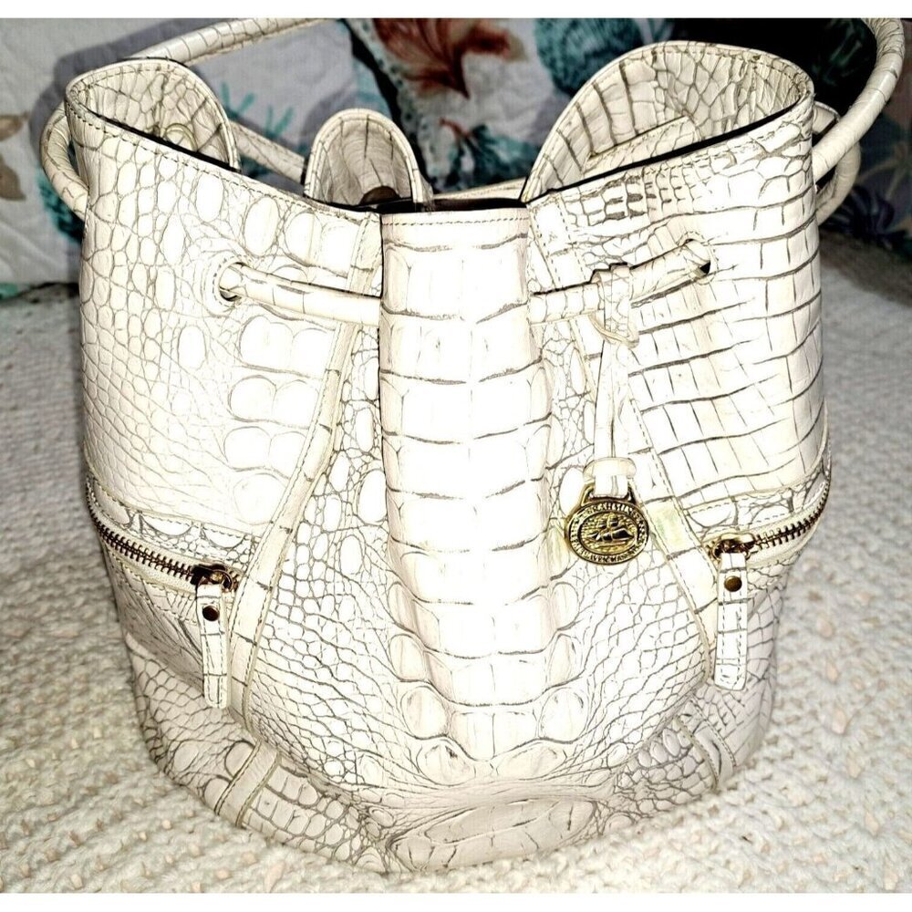Brahmin Cream Dee Dee Grotto Croc Leather Bucket Drawstring Handbag